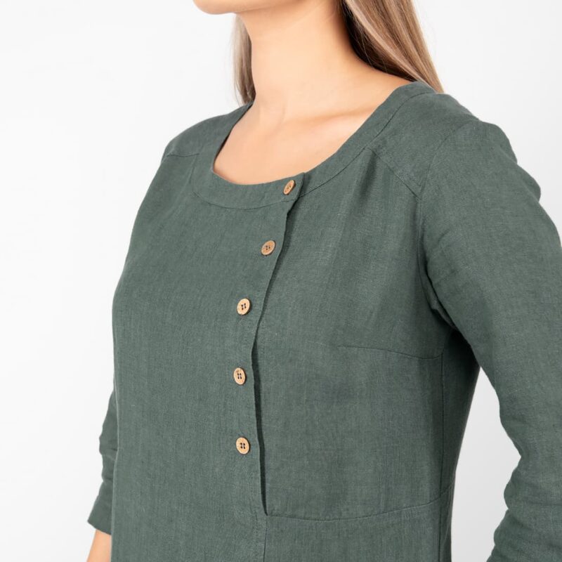 long green linen dress, round neck