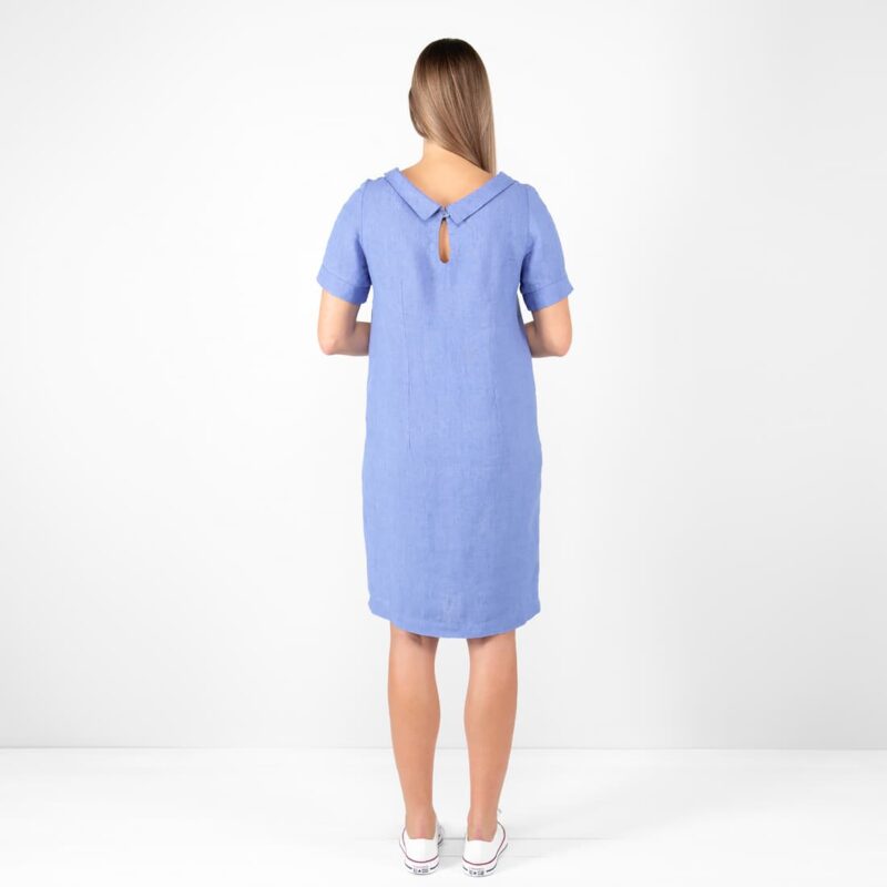 blue linen dress midi, from back