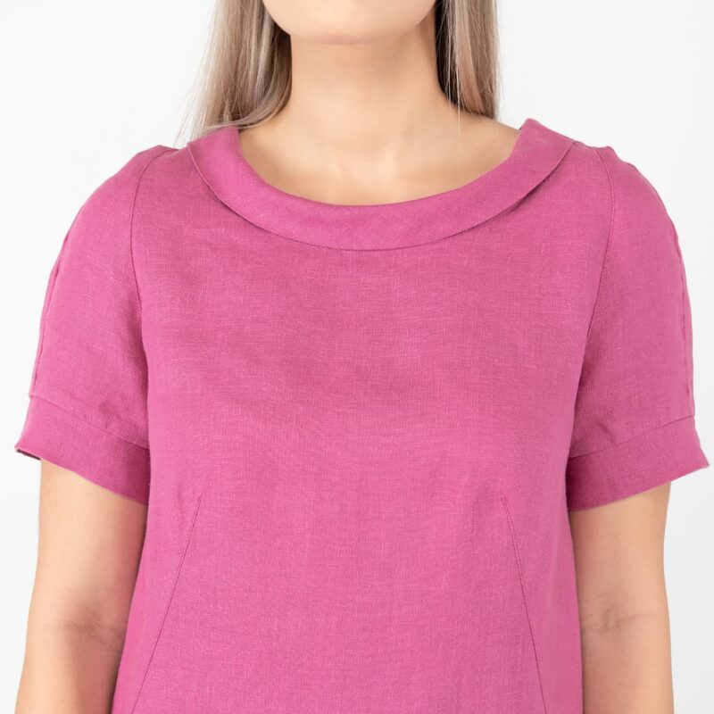 fuchsia pink linen dress round nech