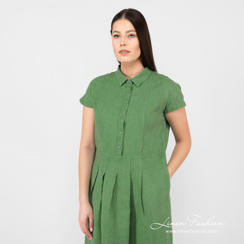 linen green long dress with folds on front.