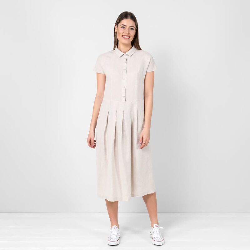 beige midi linen dress, with pleated front