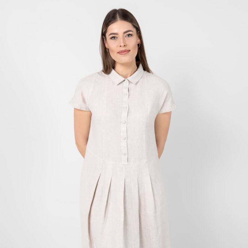 beige midi linen dress, button up