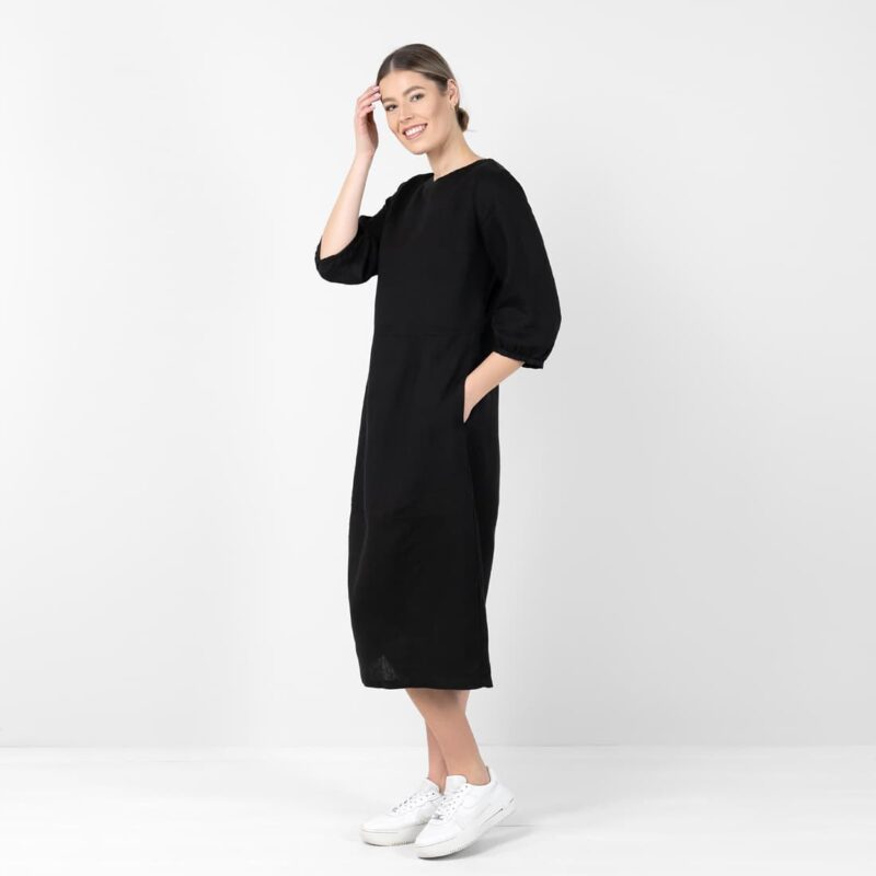Black linen dress, midi length