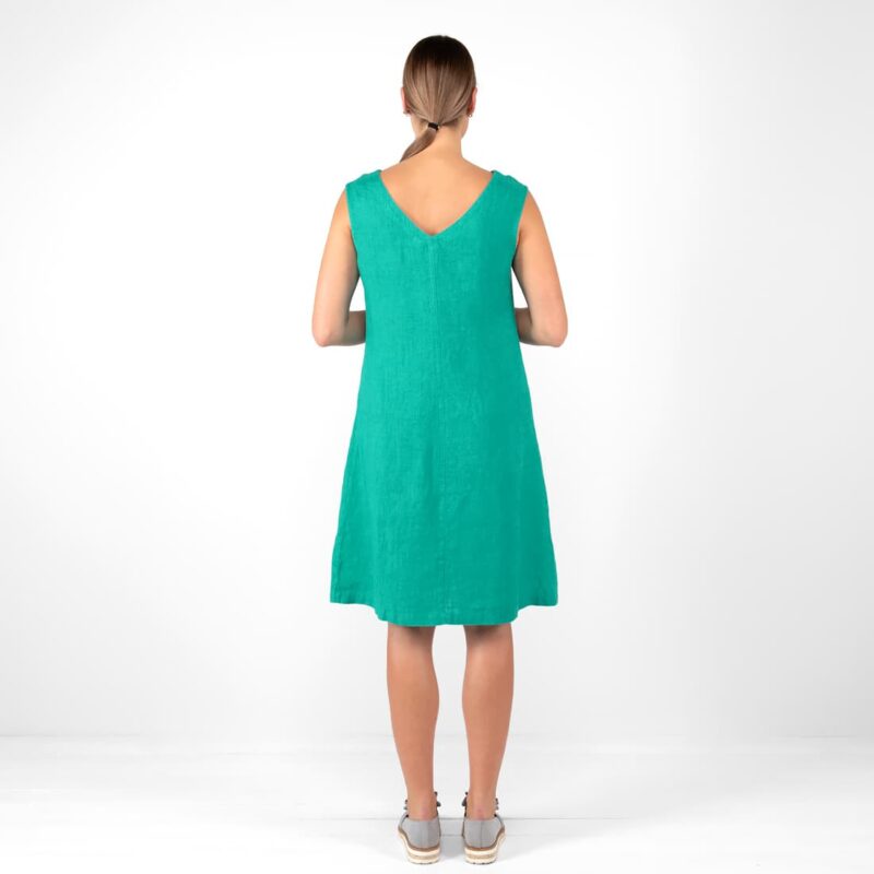 green turquoise linen dress, backside