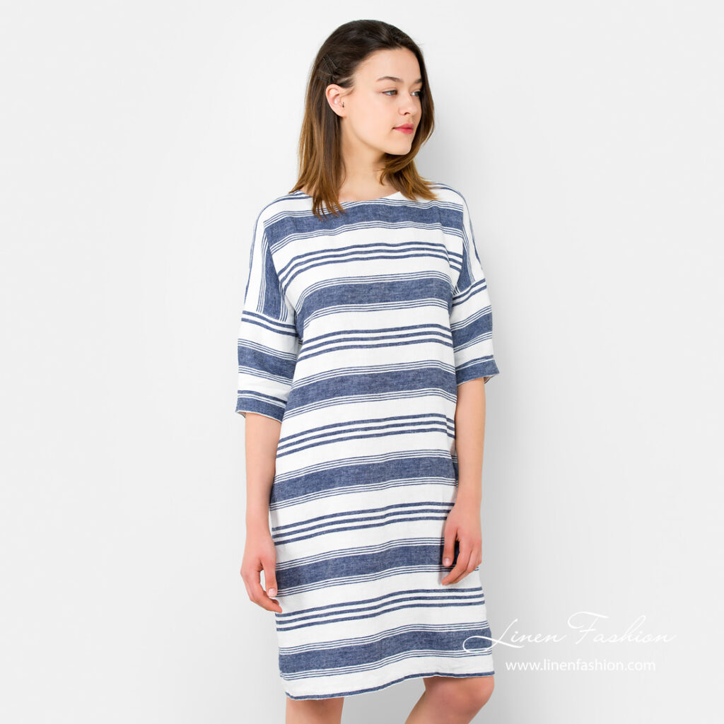 Striped linen dress, white & blue