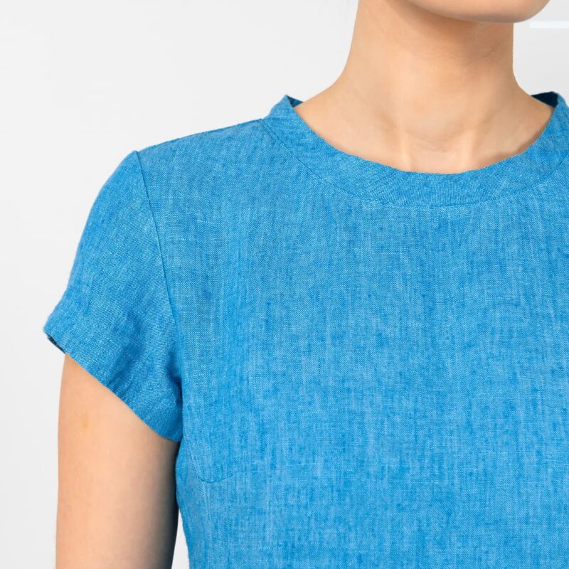 Blue linen dress, round neckline