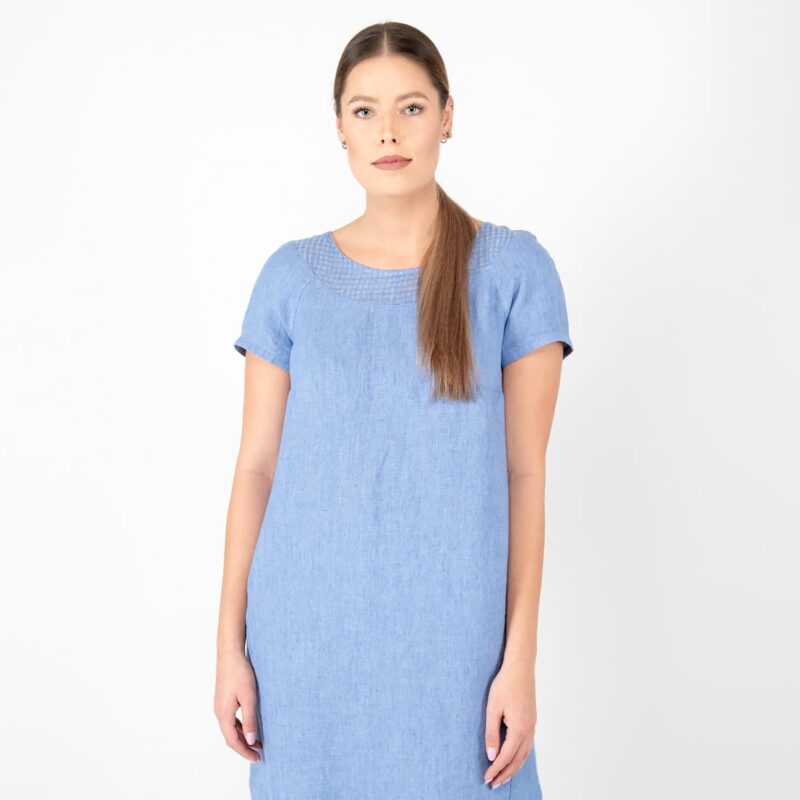 blue linen dress, short sleeves