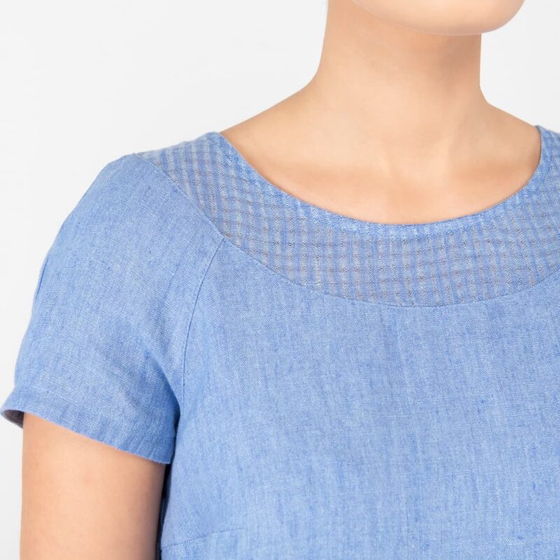 blue linen dress, round open gauze neck