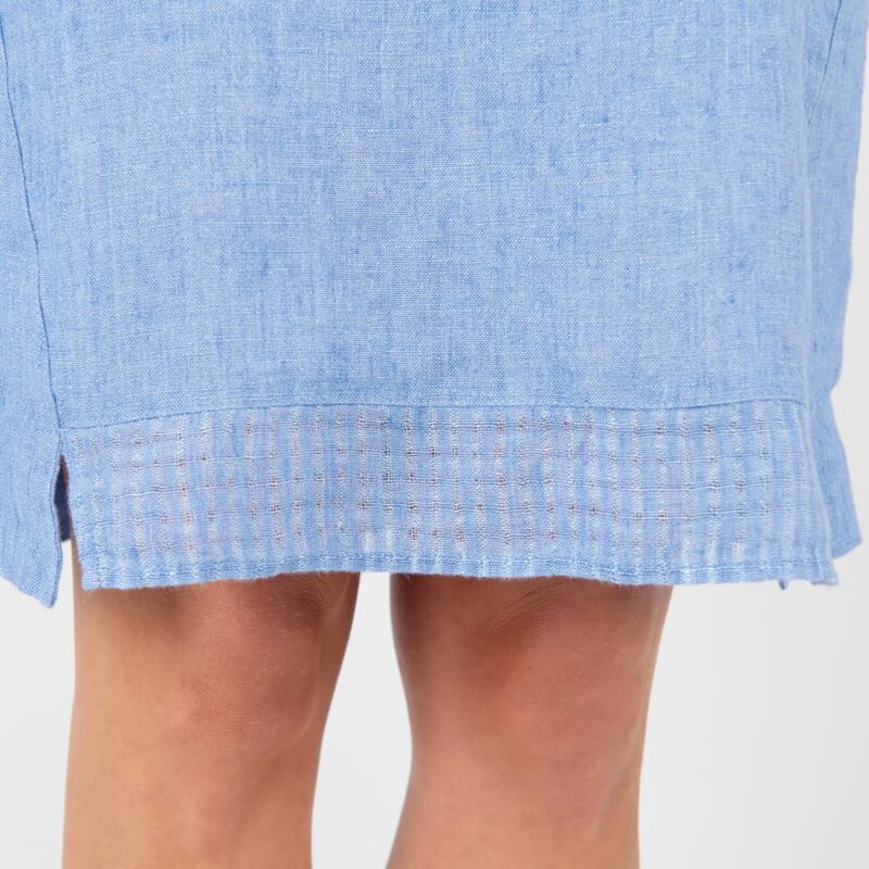 blue linen dress, gauze checks on bottom part