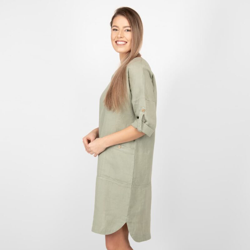 old green linen dress slits on sides