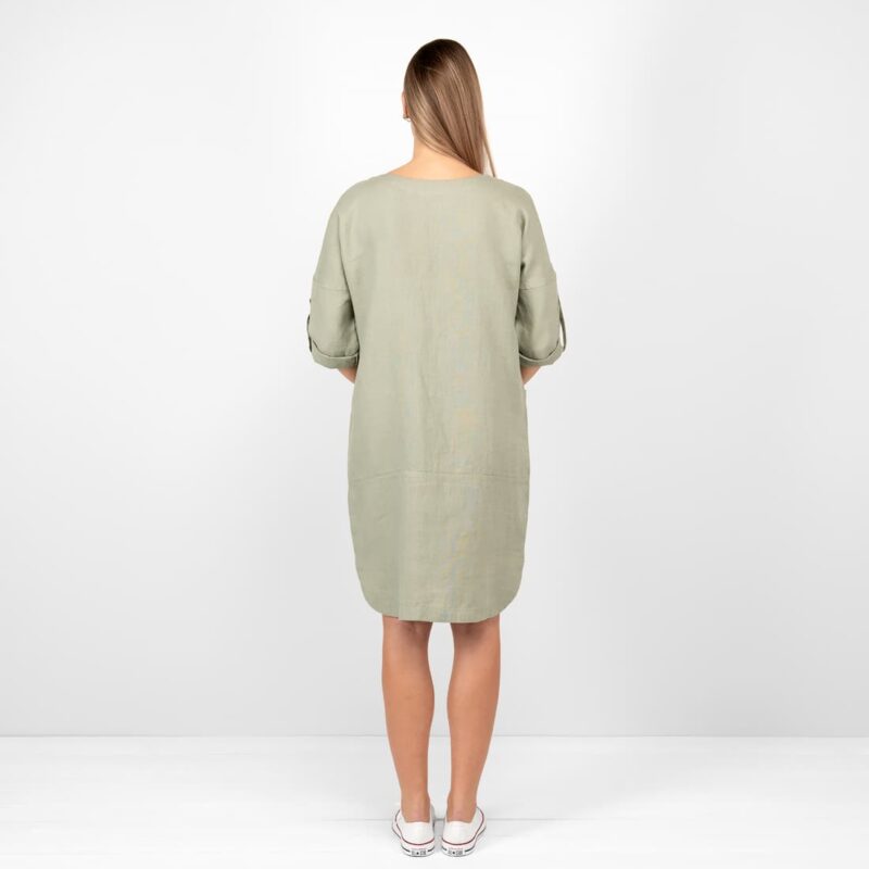 old green linen dress from backside