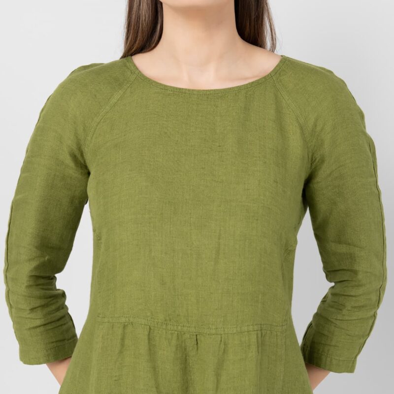 Green linen dress, 3/4 sleeves