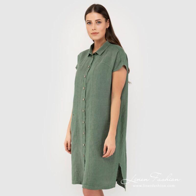 Green linen dress slits on the sides