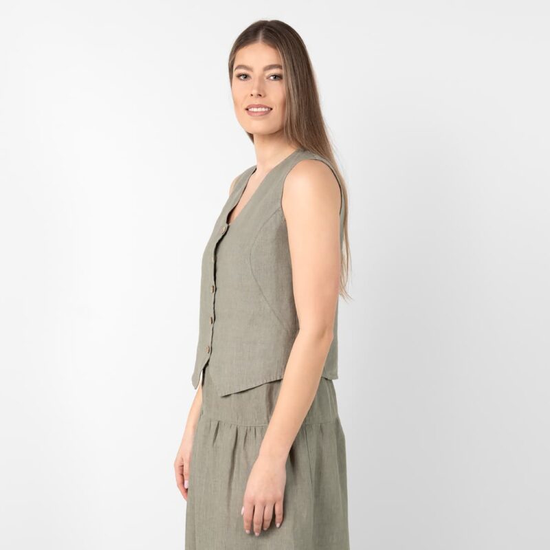 Linen vest grey-green with buttons, 100% linen
