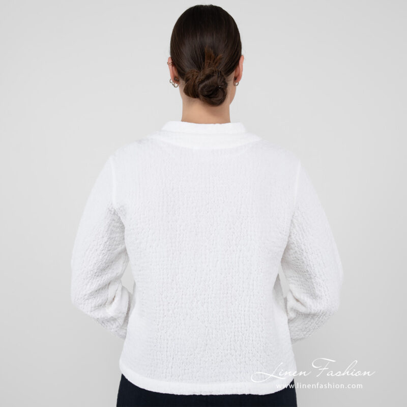 linen white bomber jacket from backside.