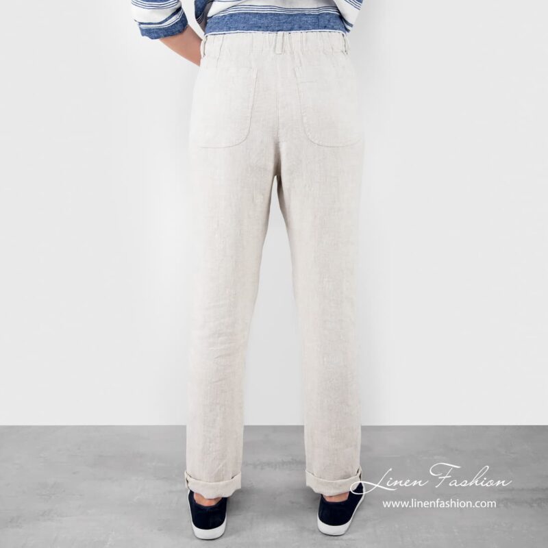Light grey coloured linen pants.