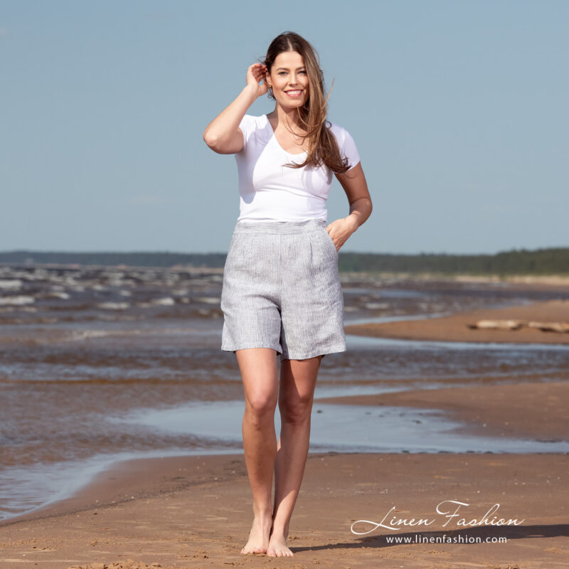 linen striped shorts in full view.