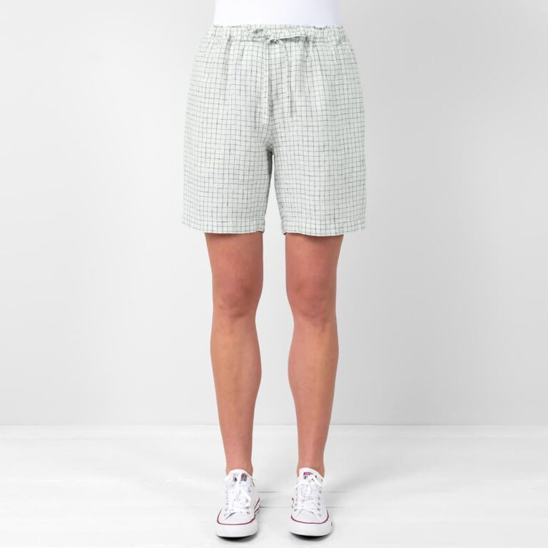 Linen green checked shorts, with drawstring