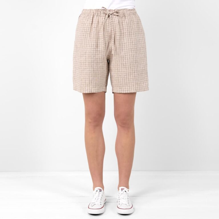 Linen brownish checked shorts, elastic waist