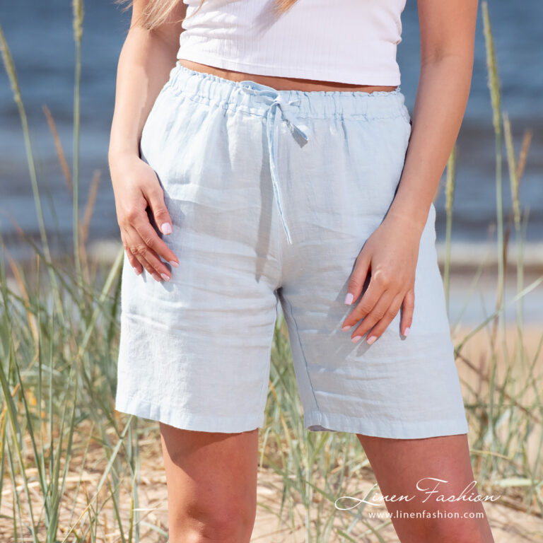 light blue linen shorts.