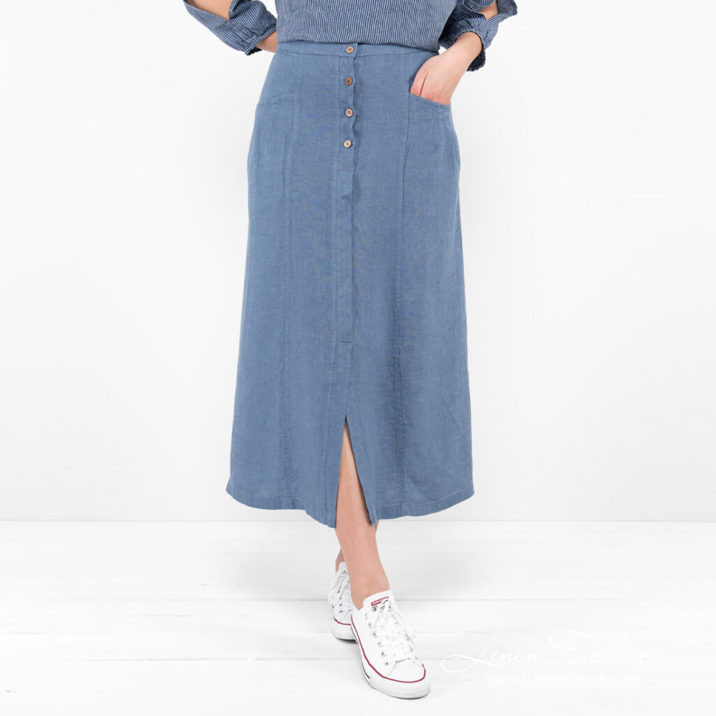 blue long linen skirt.