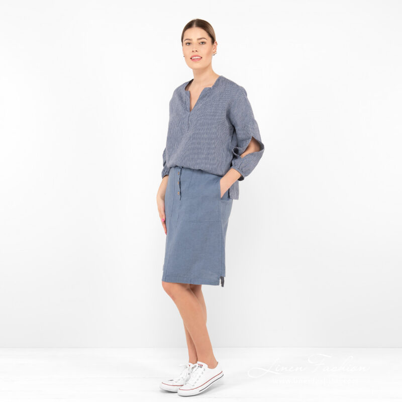 blue linen skirt full view from side.