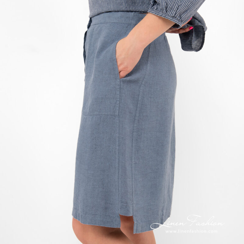 blue linen skirt with pockets and slits.