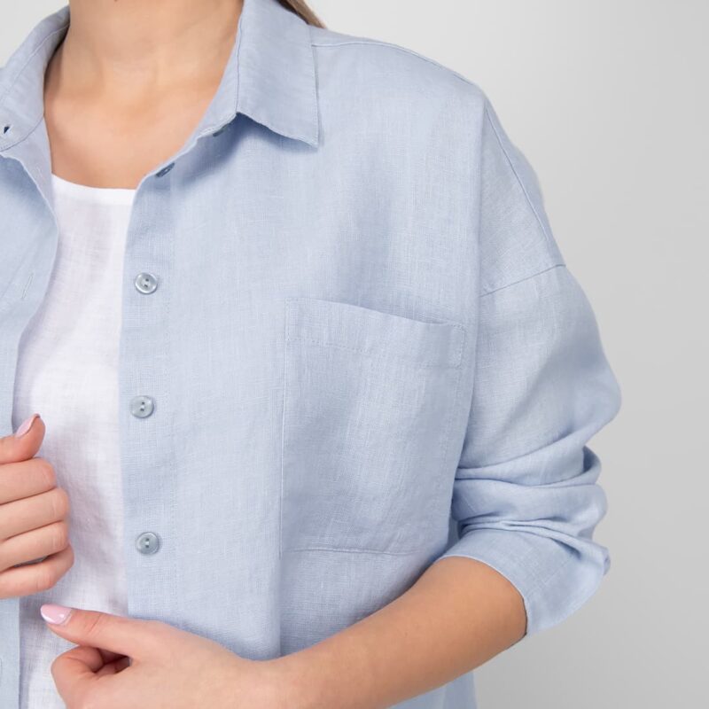 light blue linen shirt blouse; buttons&pocket