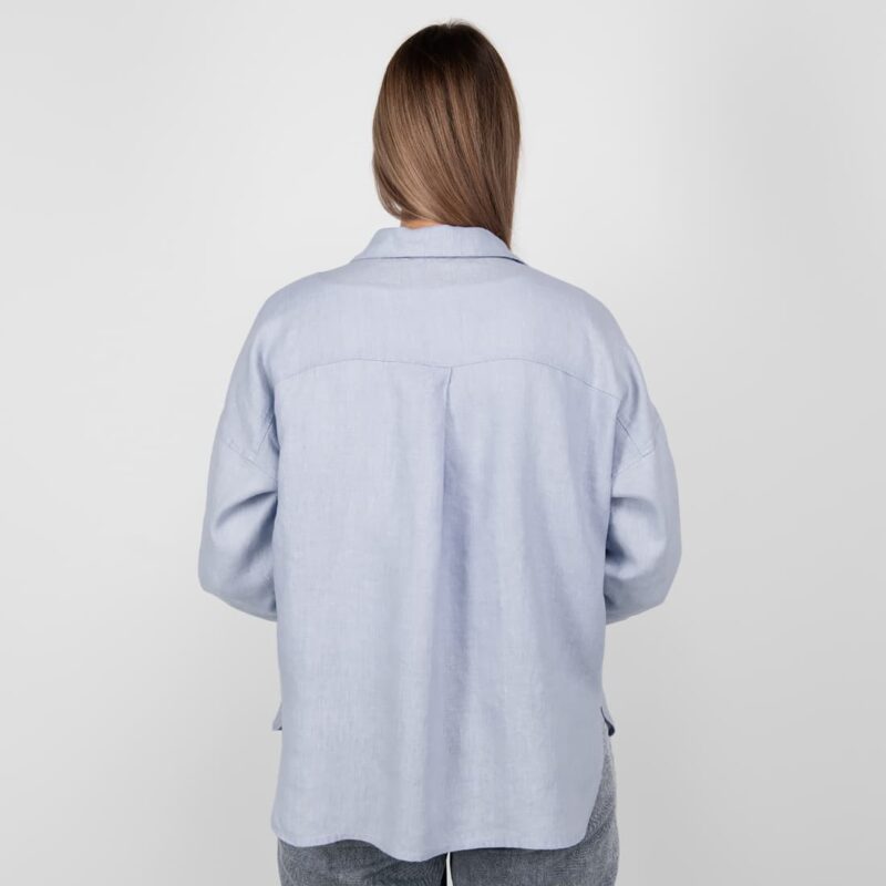 light blue linen shirt blouse; from backside