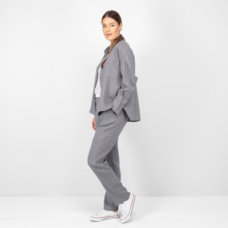 grey linen blouse shirt; long sleeves