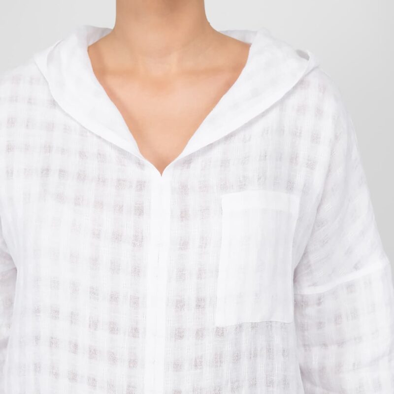 white linen blouse with hoodie open weave & pocket