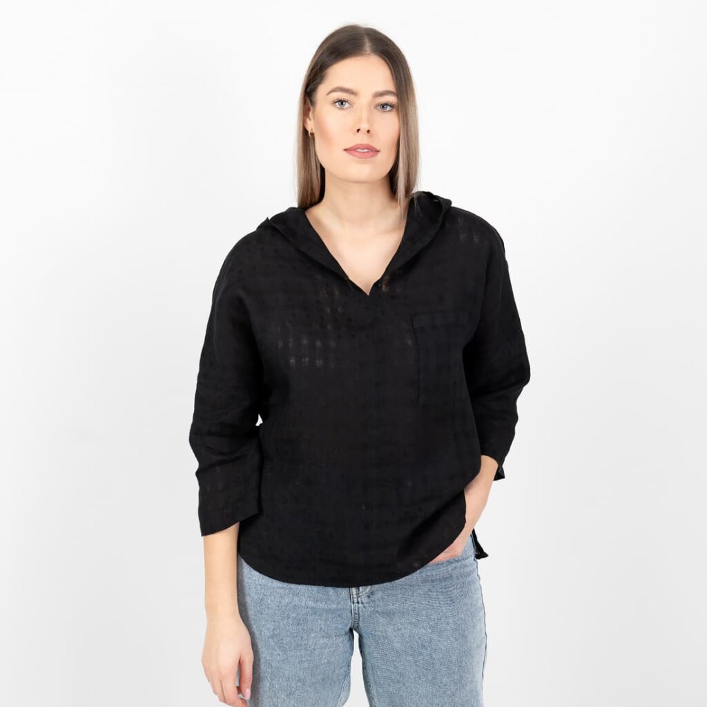 black linen blouse with hoodie, washed