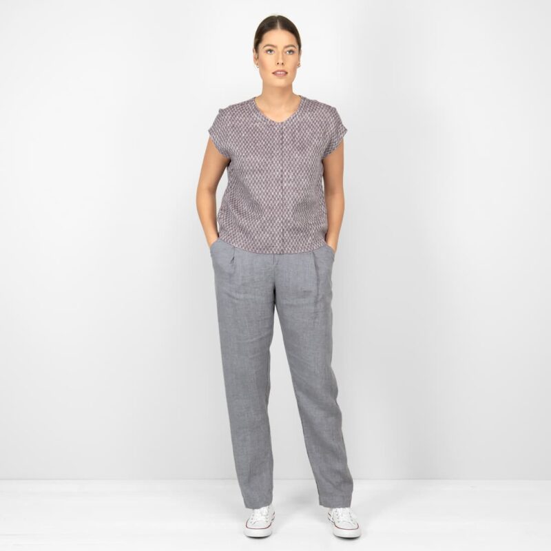 linen violet blouse in checks