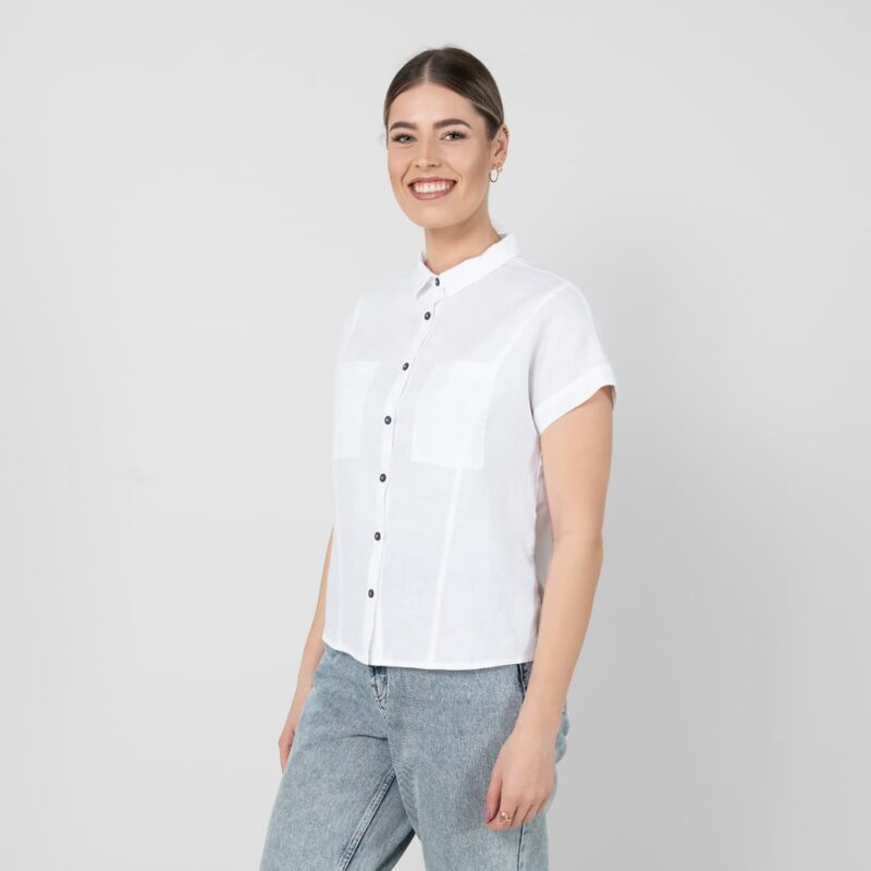Optical white linen shirt, contrasting buttons