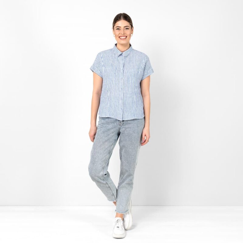 Striped blue white linen shirt, button down
