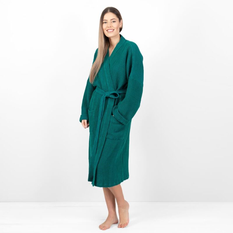 linen cotton emerald bathrobe, washed waffle.