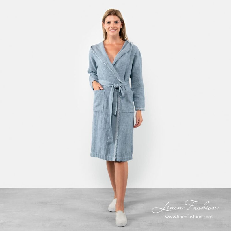 Linen-cotton womens bathrobe with fringes in blue color.
