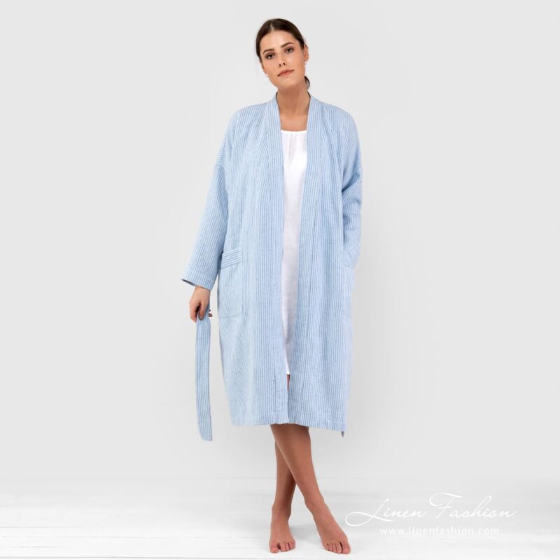 AIRA blue linen cotton bathrobe with belt