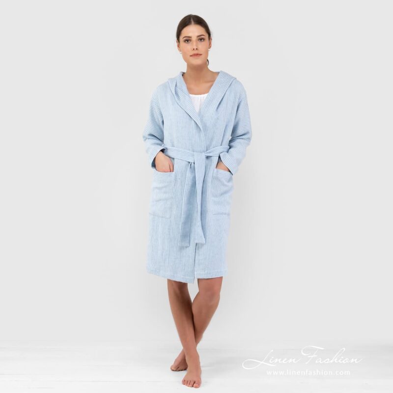 AIRA blue linen cotton bathrobe with hoodie full size
