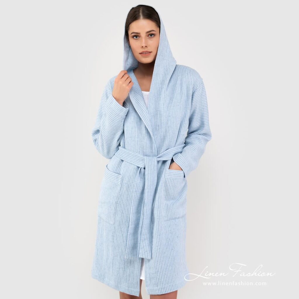 AIRA blue linen cotton bathrobe with hoodie