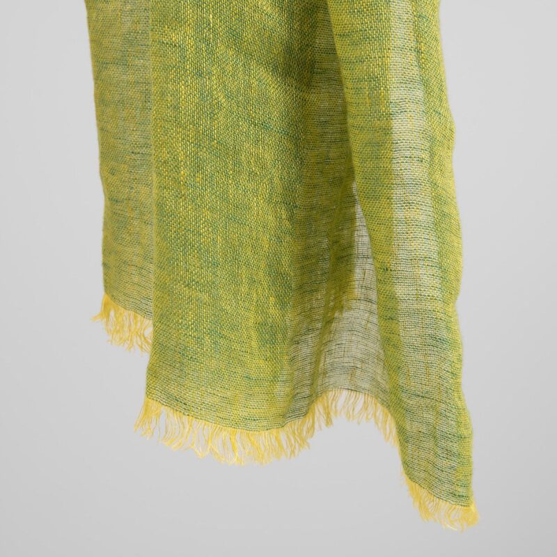 Yellow green linen shawl with fringe, gauze