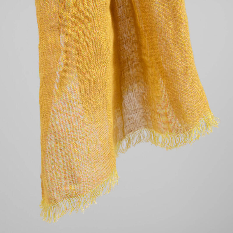 Yellow brown linen shawl with fringe, sheer
