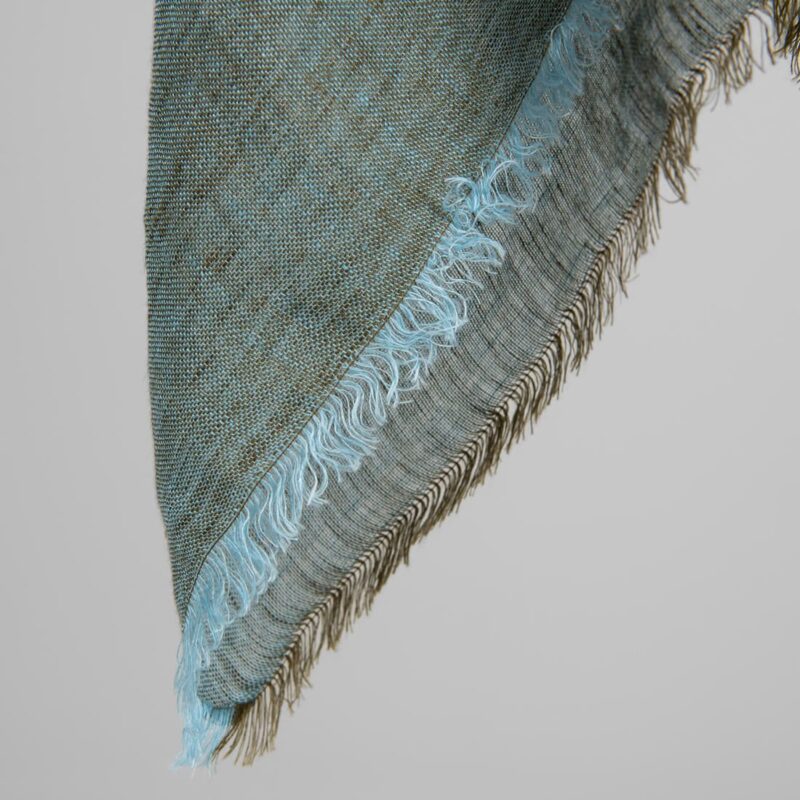 Green blue linen scarf, with fringe