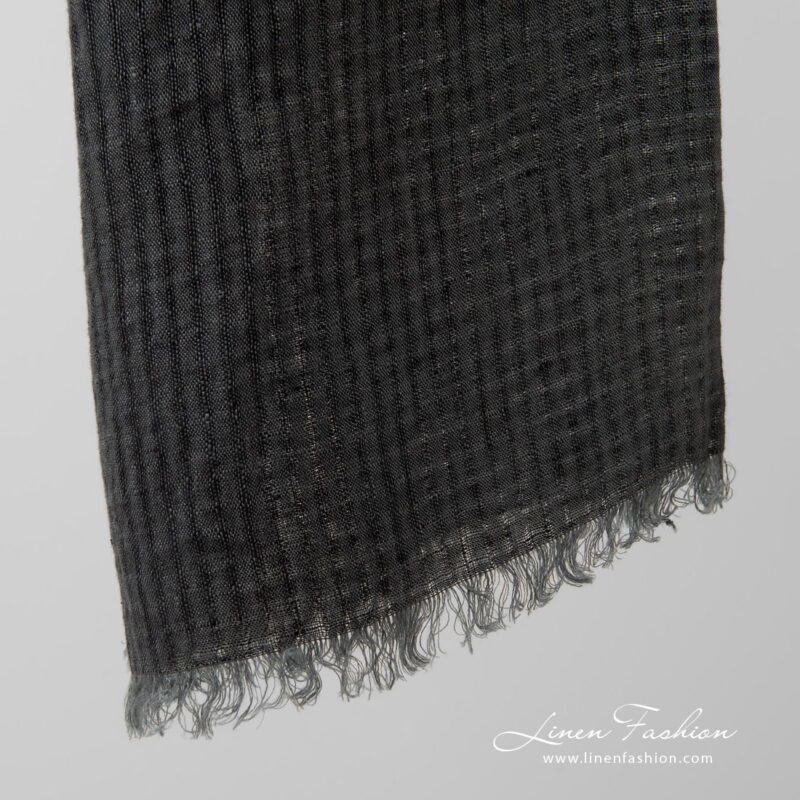linen shawl grey checks with loose fringes.