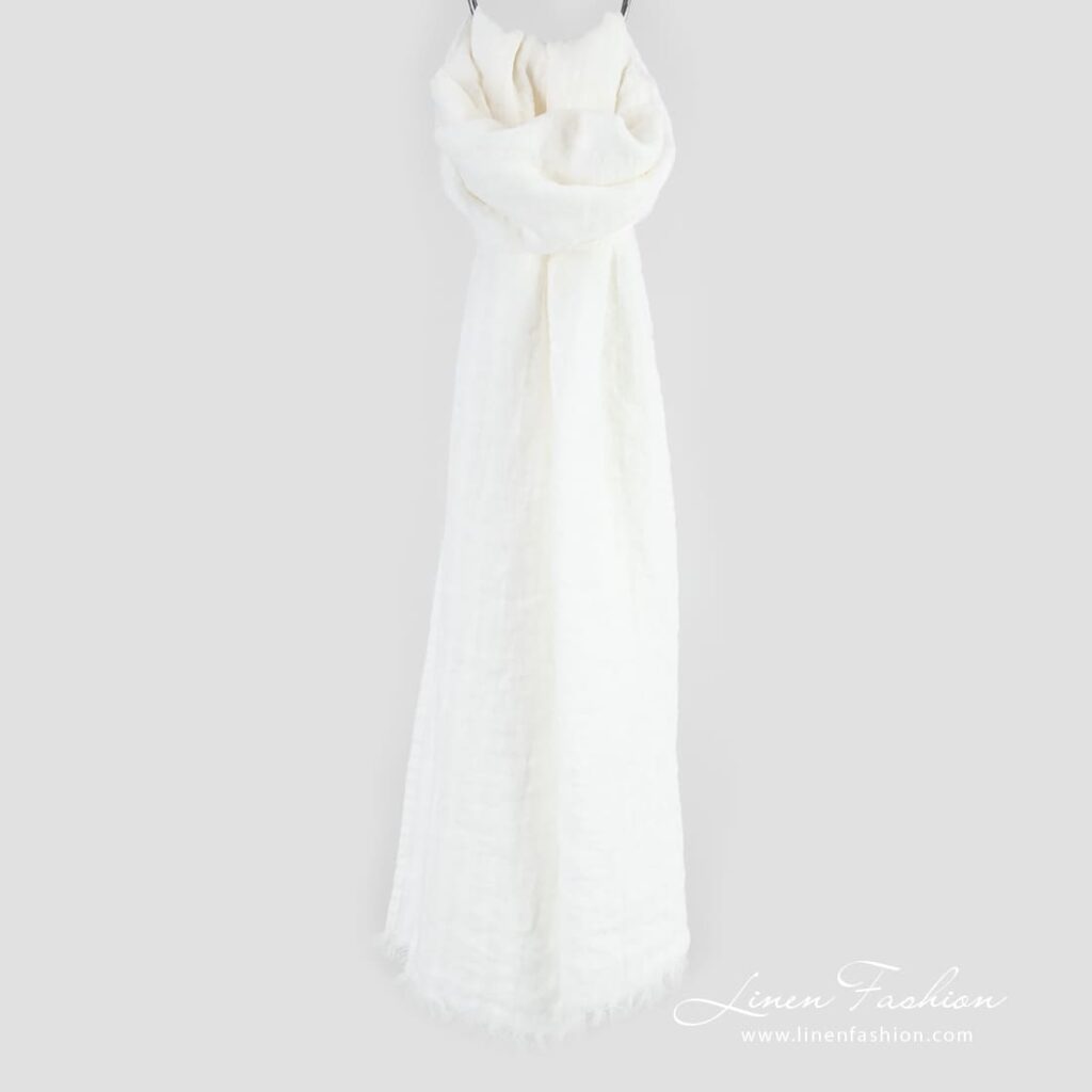 COPEN white linen shawl in openweave stripes