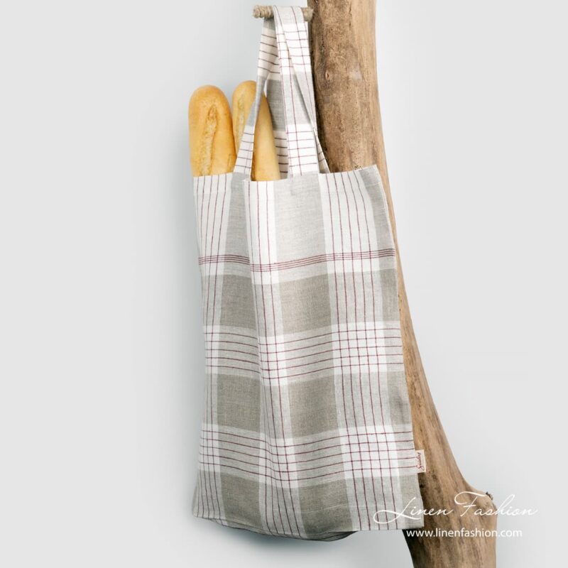 Linen shopper bag in grey red checks, mandi.