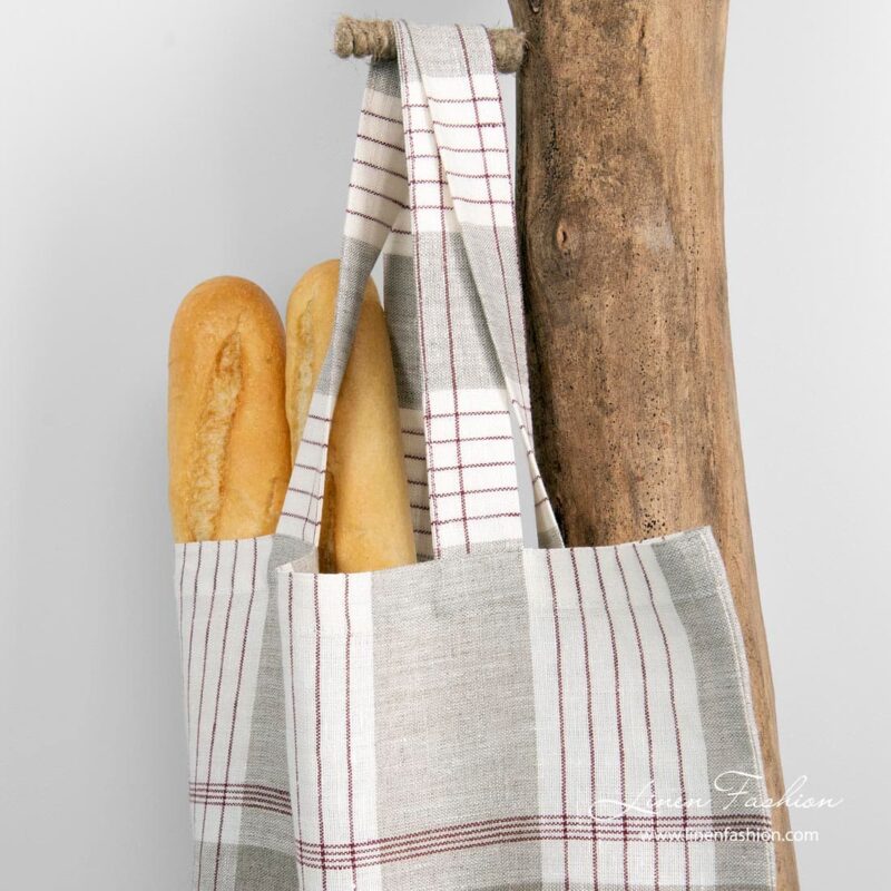 100% linen shopper bag in red and grey checks.