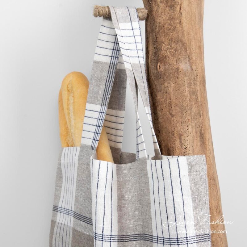 100% linen bag with blue and grey checks.