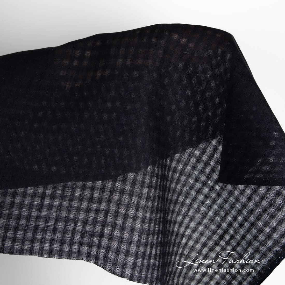 Solid black linen fabric in transparent checks