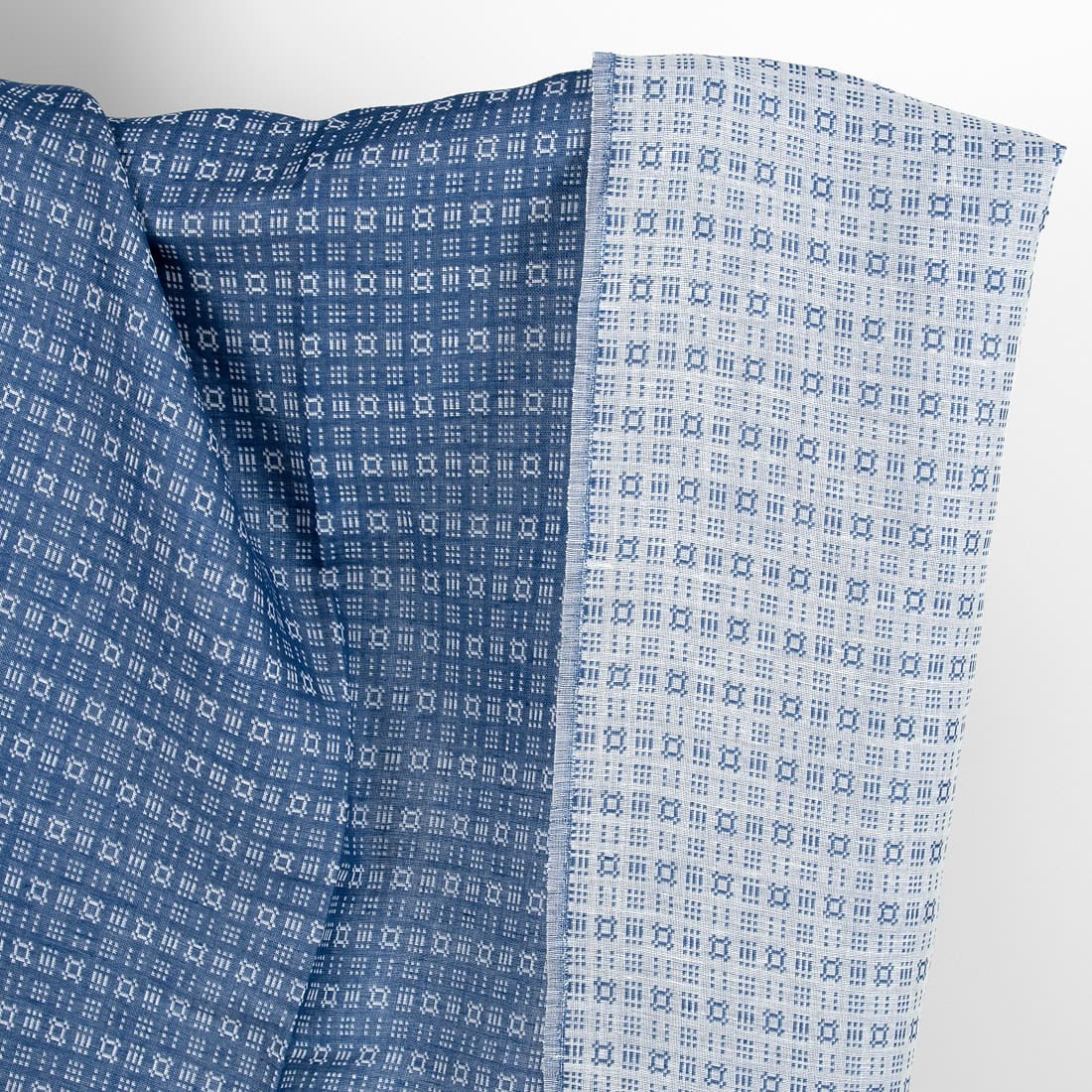 Linen cotton fabric white and dark blue geometric pattern